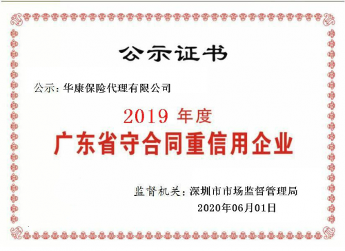 华康保代连续两年荣获年度“广东省守合同重信用企业”称号