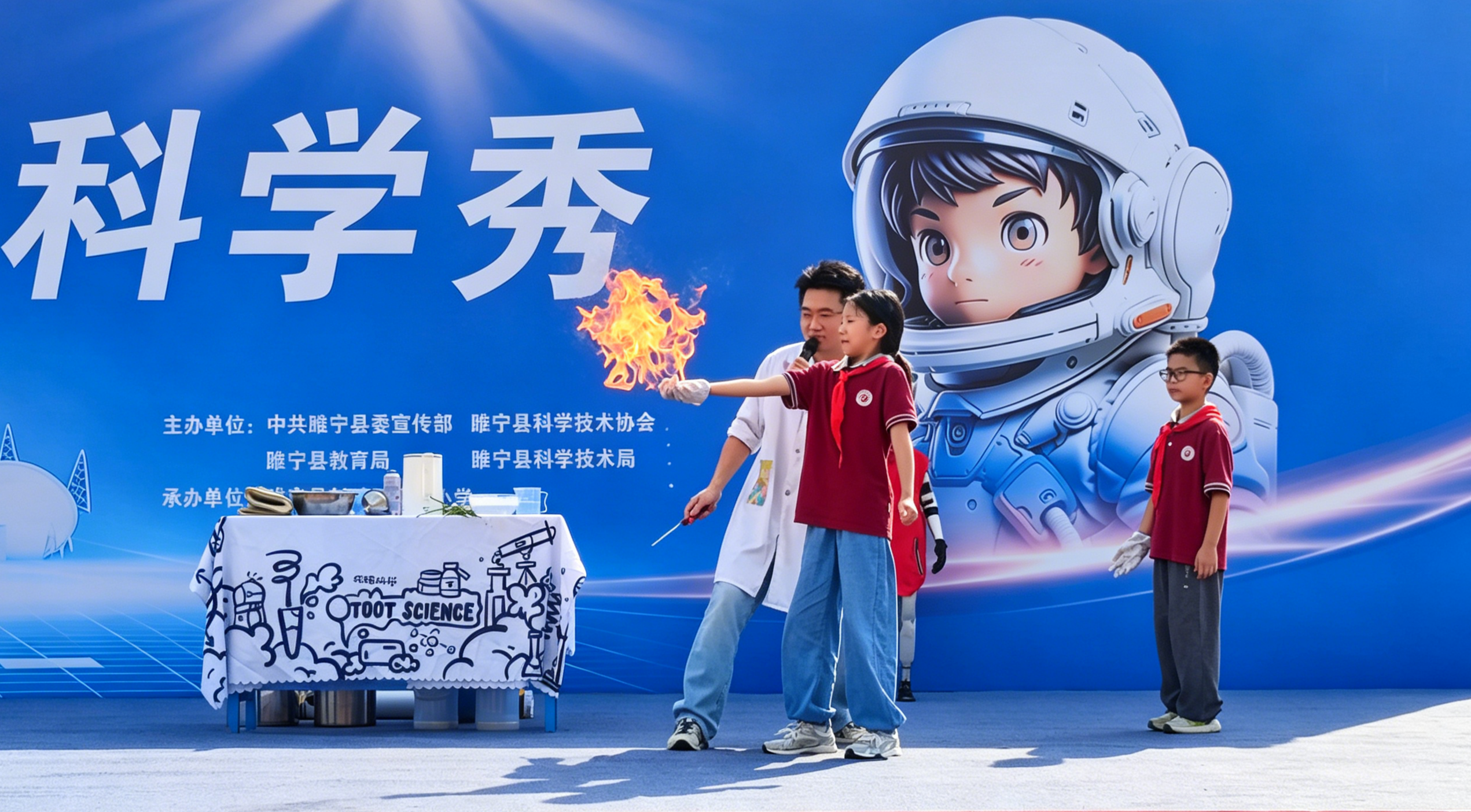 (图为老师指导学生做“火焰掌”实验) 配图1